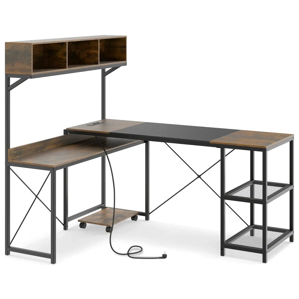 Scrivania angolare a L per computer marrone con prese di ricarica USB e supporto CPU mobile 158 x 123 cm