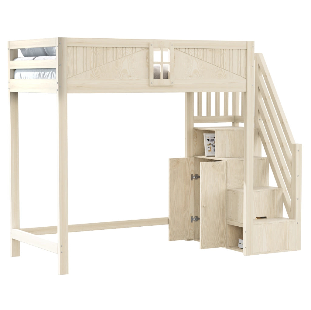 Letto a soppalco in legno massiccio 90 x 200 cm con scala di sicurezza reversibile e spazio multifunzionale