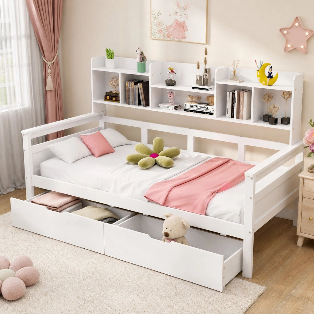 Letto singolo 90x200 cm con cassetti e ripiani laterali in legno; bianco