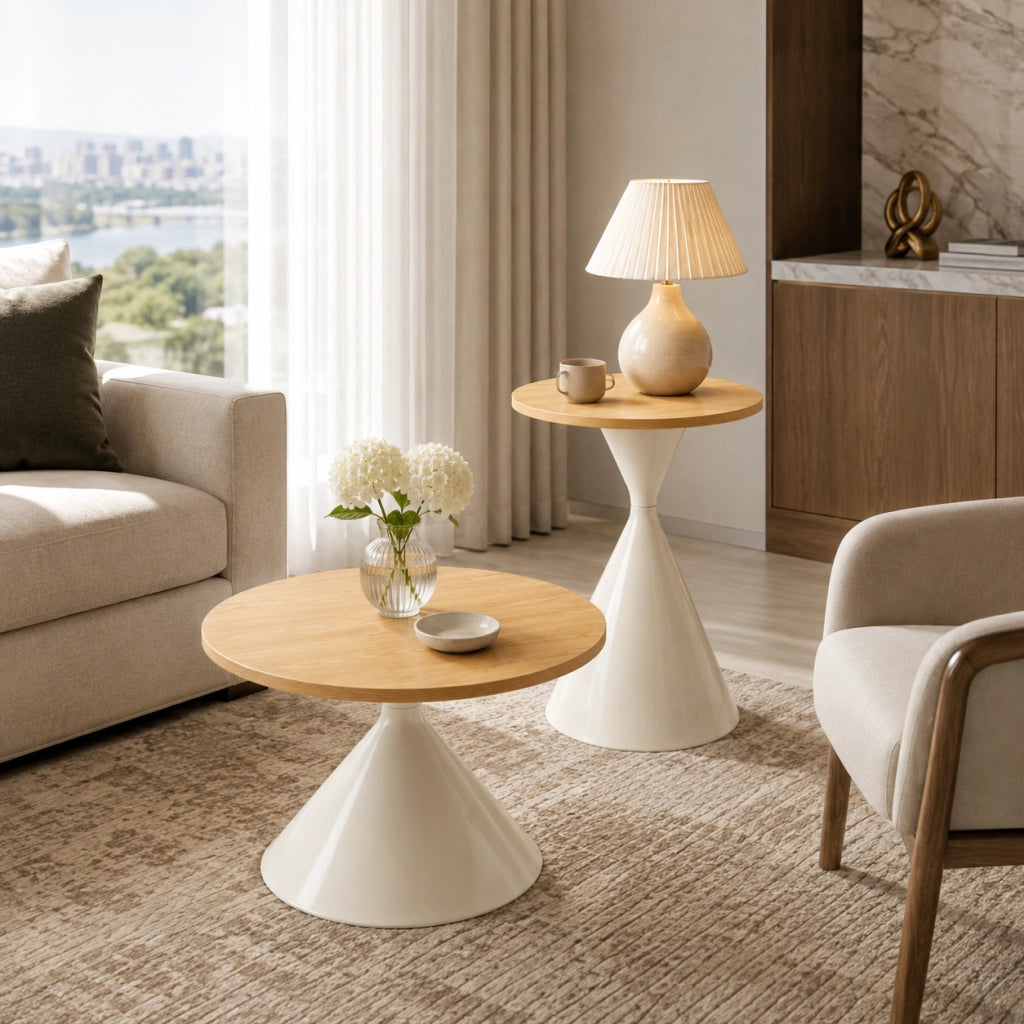 Tavolini da salotto set di 2 rotondi Ø 70 × 40 cm e Ø 50 × 55 cm in MDF e metallo bianco effetto legno