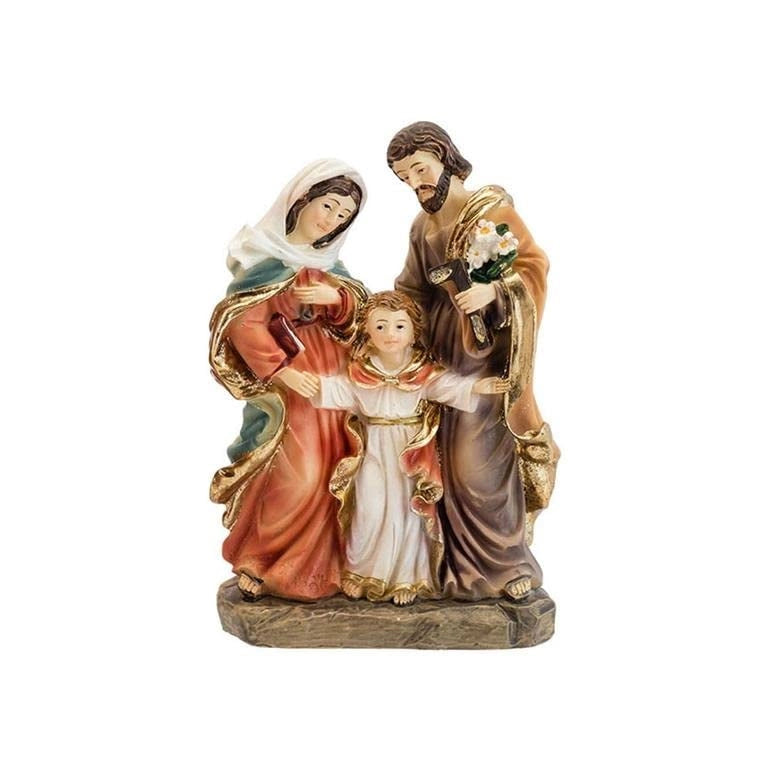 Figura della Sacra Famiglia in resina, dipinta a mano, altezza 15 cm