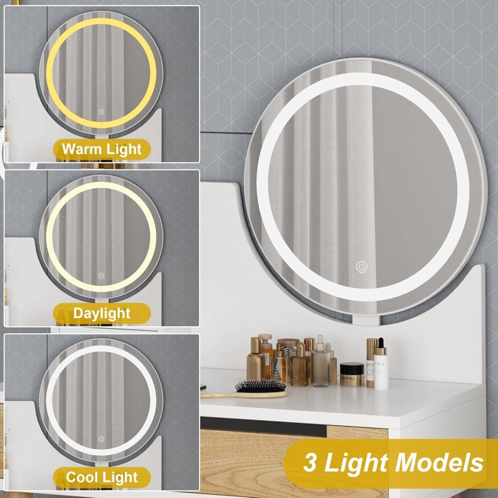 Toilette Moderna con Specchio LED e Sgabello - 2 Cassetti - 3 Modalità di Illuminazione Regolabili per Camera