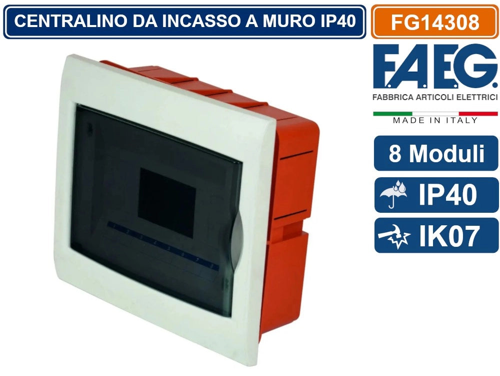 CENTRALINO DA INCASSO 8 MODULI CON CORNICE BIANCA E PORTELLO FUMÈ IP40 FAEG - FG14308