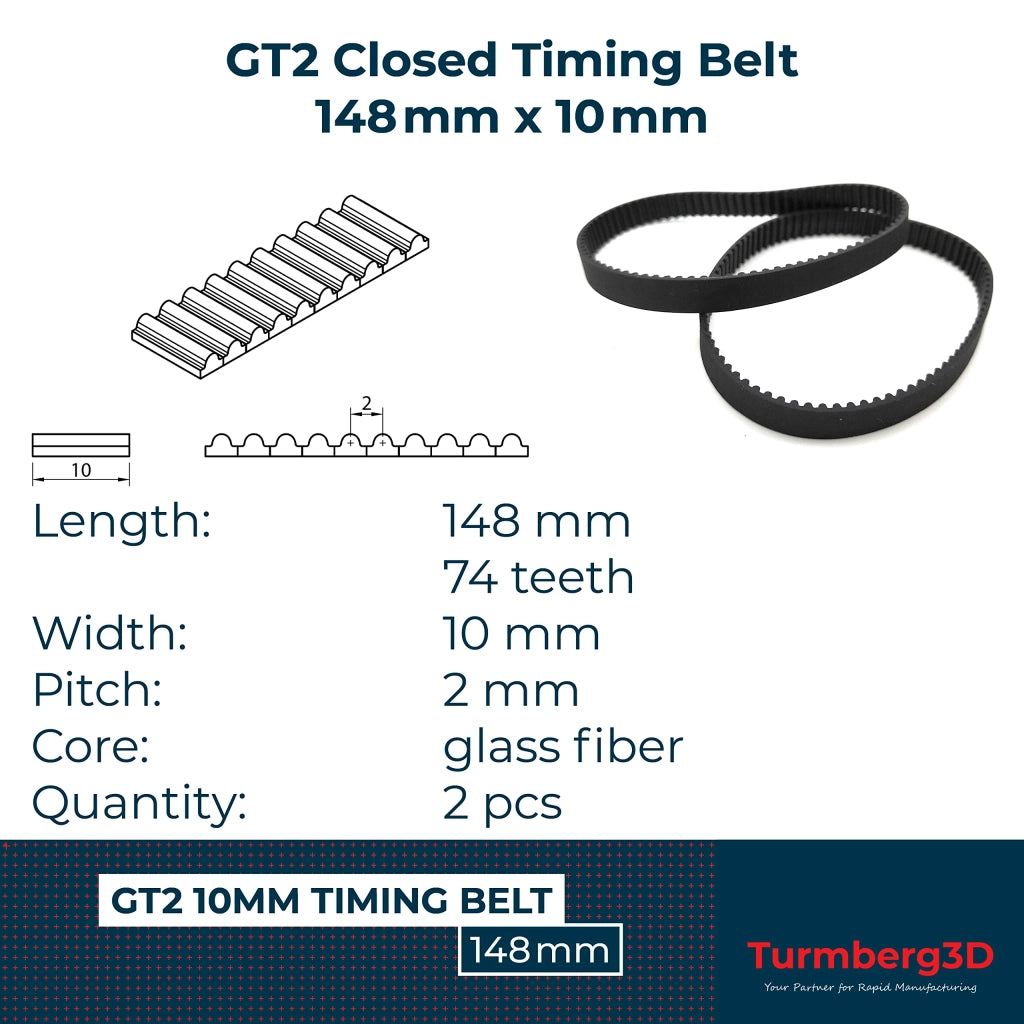 Cinghia GT2, larghezza 10 mm, lunghezza 148 mm, confezione da 2 pezzi, realizzata in fibra di vetro