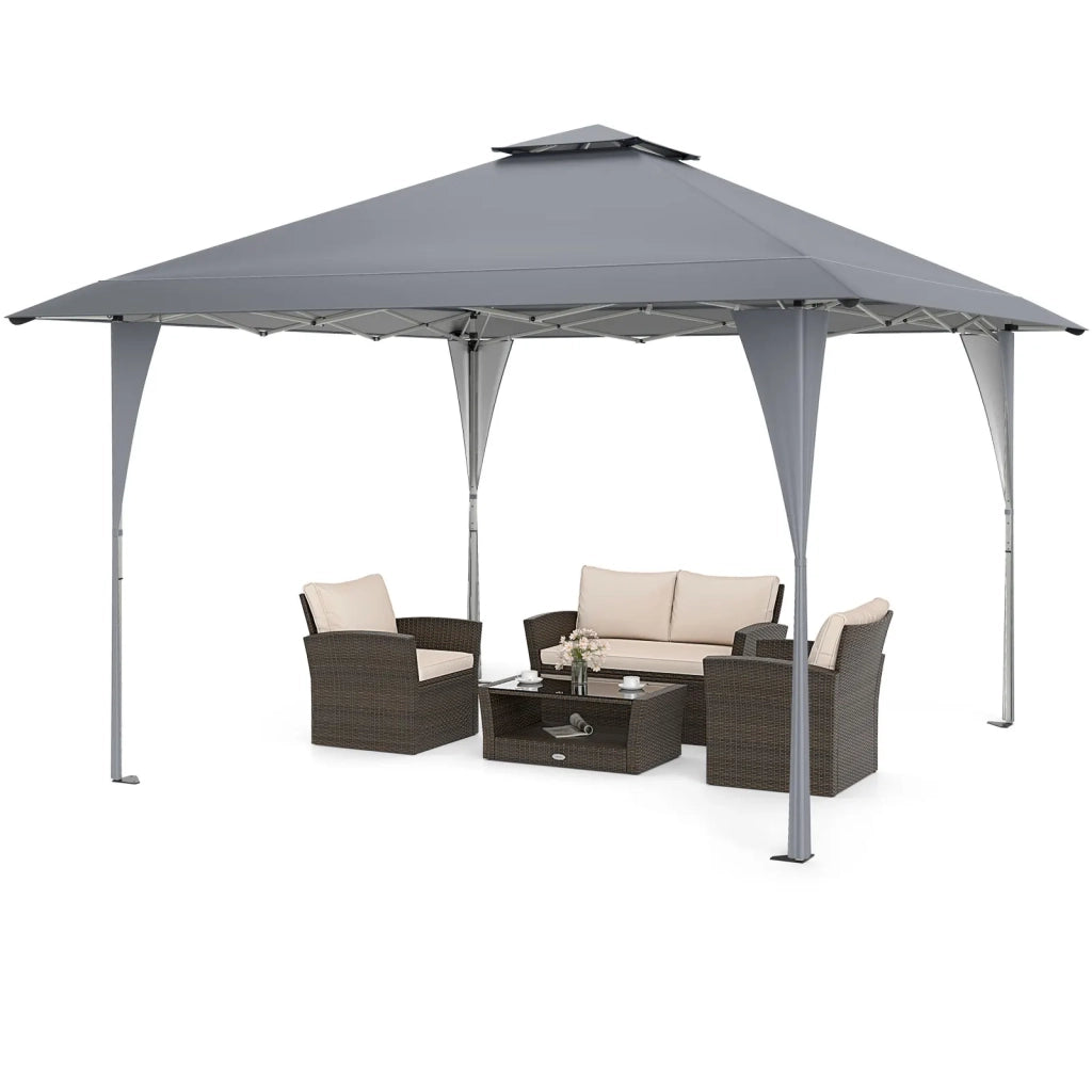 Gazebo pieghevole pop up 390 x 390 cm grigio con borsa di trasporto 8 picchetti e 4 corde tenda da giardino regolabile