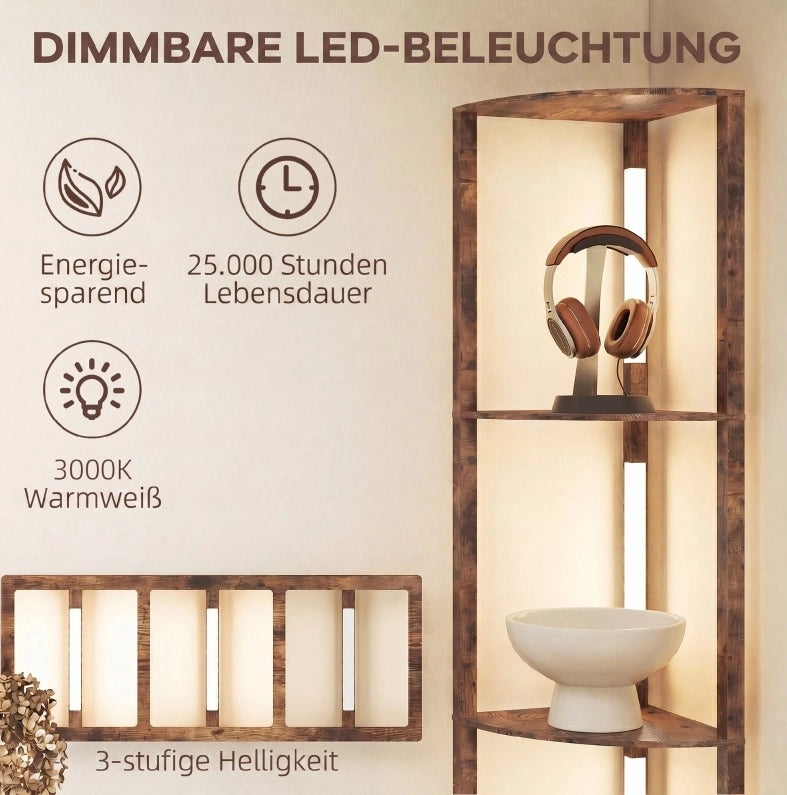 Lampada da terra LED dimmerabile con scaffale a 5 ripiani, marrone rustico