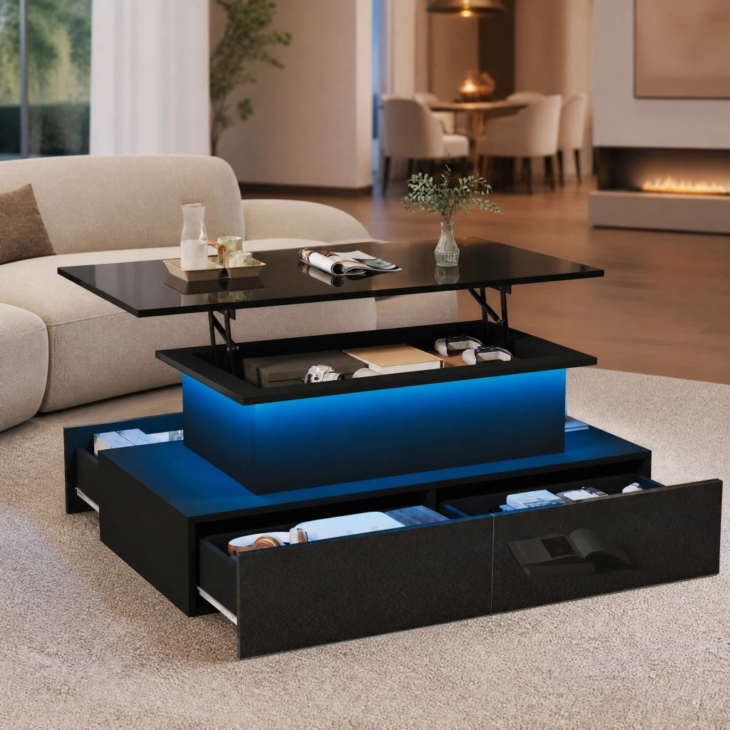 Tavolino da caffè LED 90x55x41 cm nero in truciolare con 4 cassetti