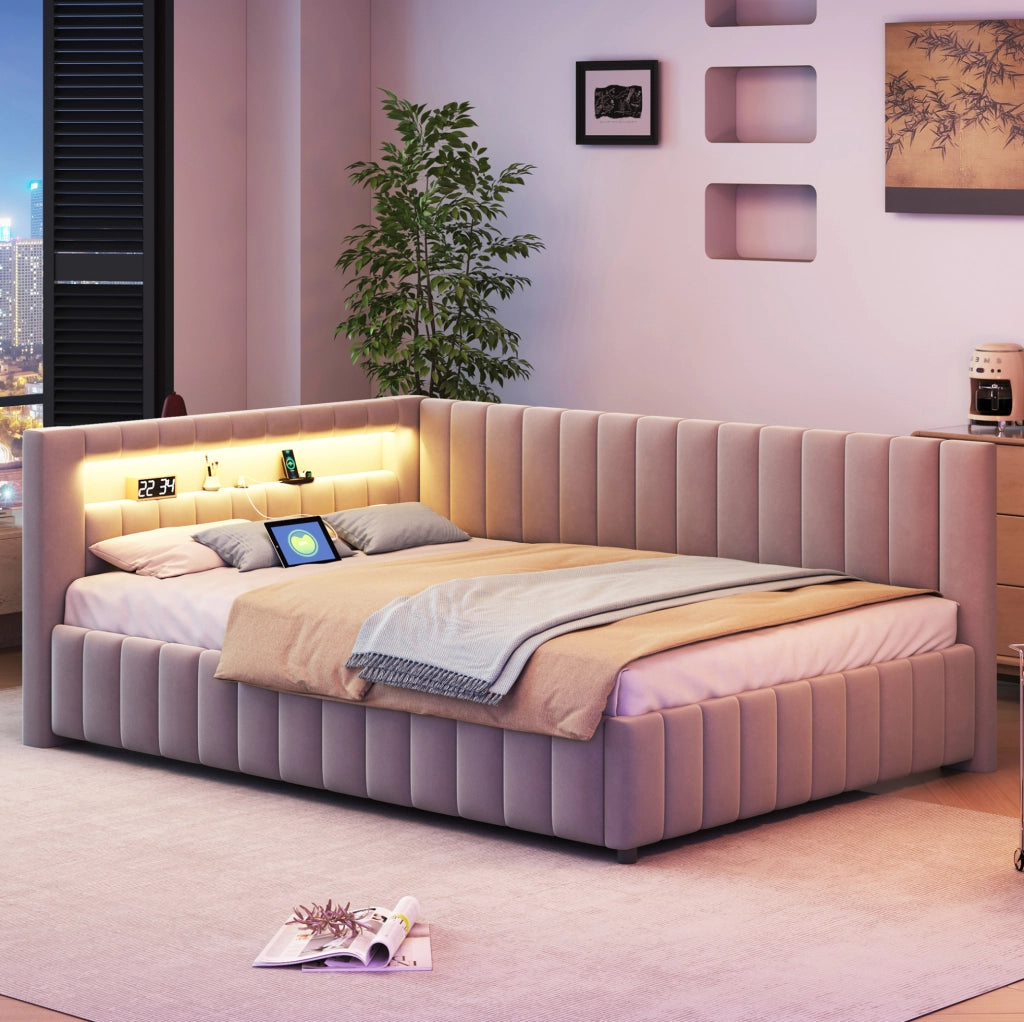 Letto Divano Letto Imbottito in Velluto 140x200 cm con LED e Porta USB, Struttura Larga e Resistente, Grigio