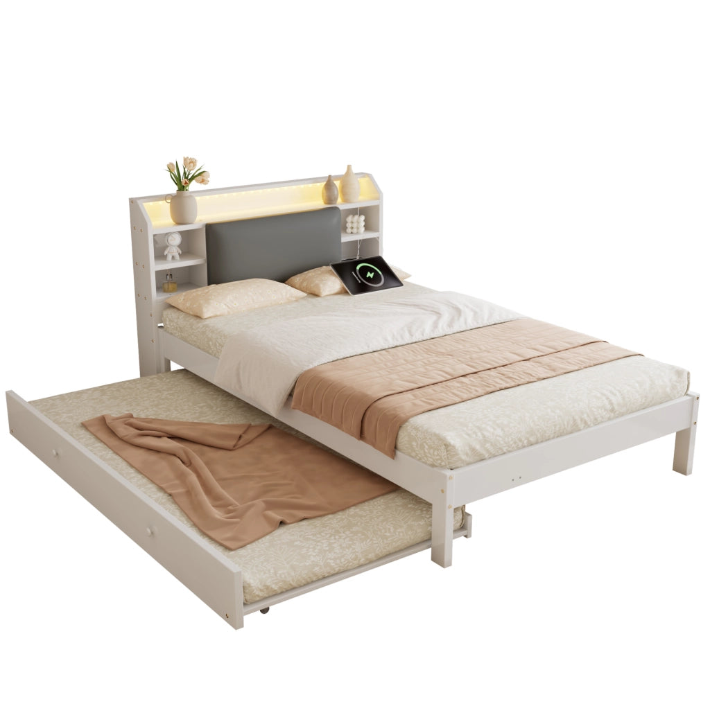 Letto in legno bianco 120x200 cm con letto estraibile 90x190 cm, testiera imbottita, LED e stazione di ricarica