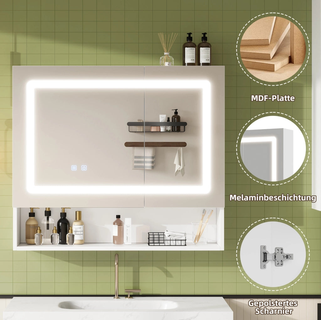Armadietto a specchio per bagno bianco 80×17×70 cm con LED