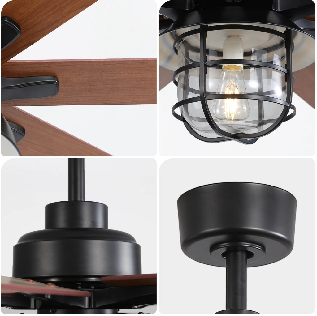 Ventilatore da soffitto nero con 8 pale in MDF, luce E27 e funzione reversibile
