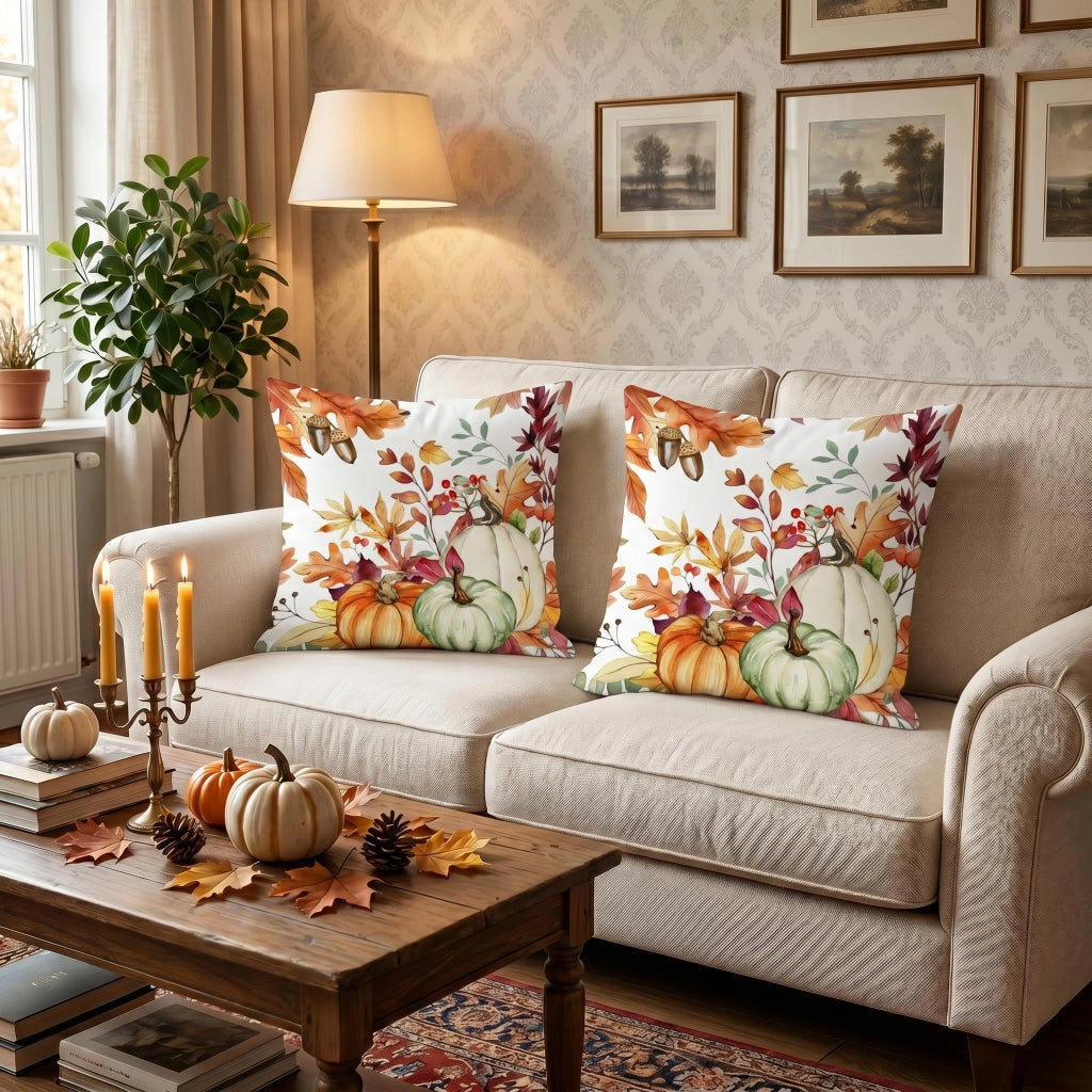 Set di 2 federe per cuscini, 40x40 cm, velluto, motivo autunnale: foglia d'acero e zucca, colore arancione