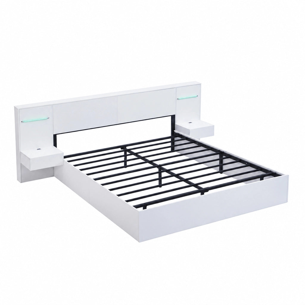 Letto matrimoniale bianco 180x200 cm con rete a doghe inclusa; USB e comodini