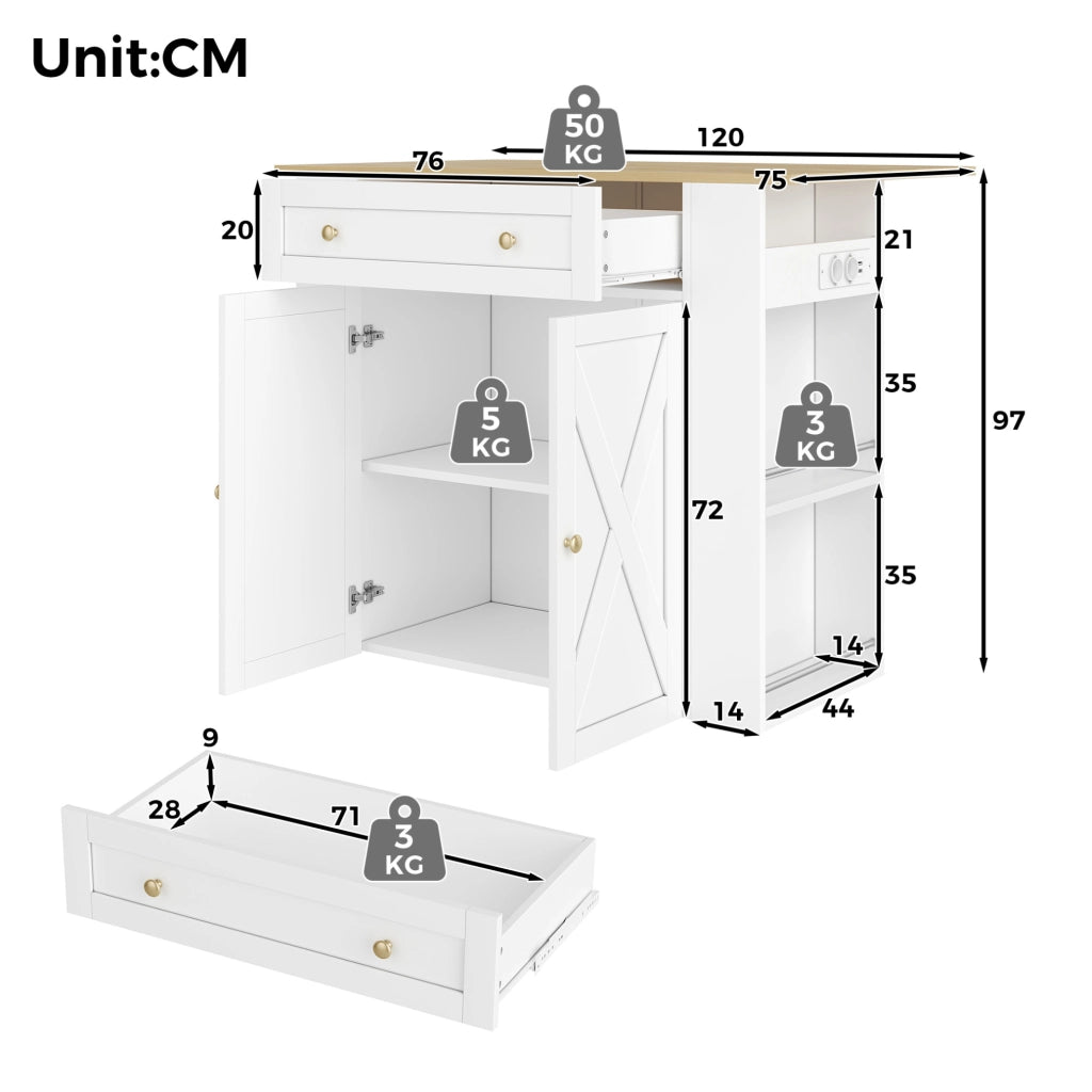 Isola da cucina 120x75x97 cm con piano pieghevole e prese USB in MDF bianco