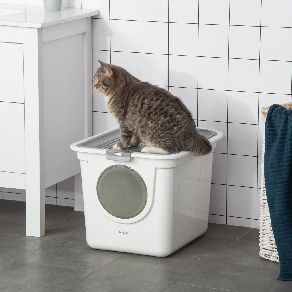Lettiera per gatti con coperchio 44x55x39 cm bianca con paletta, interno