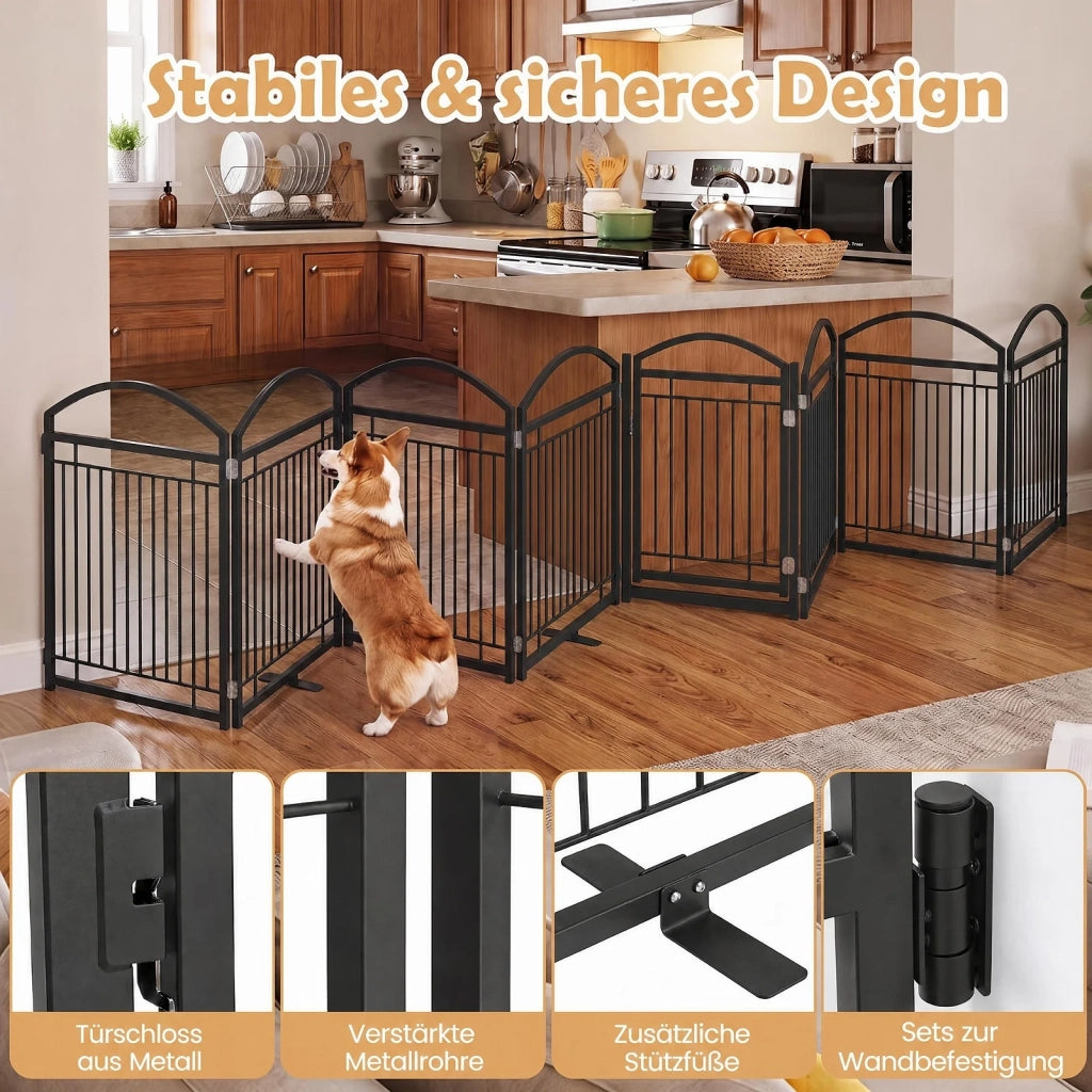 Cancello di Sicurezza per Cani 8 Pannelli in Metallo 480x81cm con Porta Barriera Pieghevole per Casa Nero