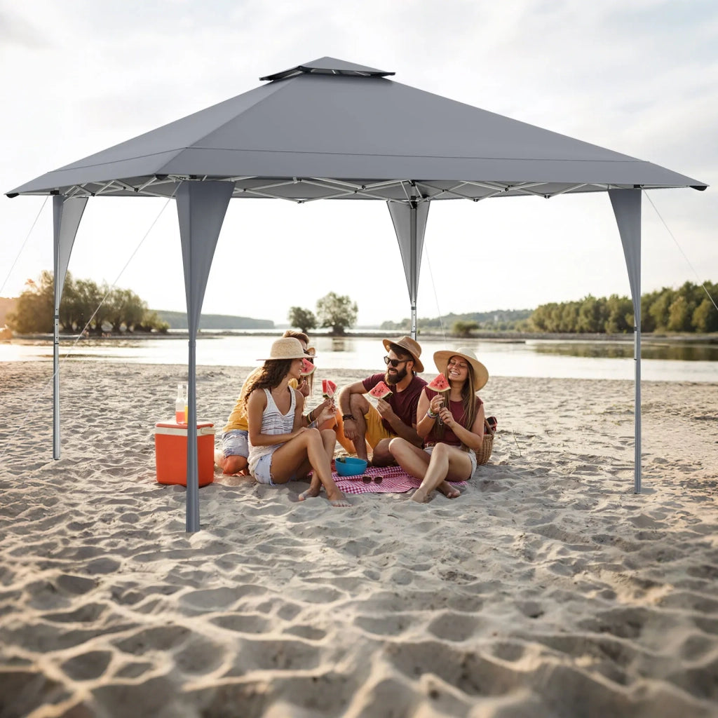 Gazebo pieghevole pop up 390 x 390 cm grigio con borsa di trasporto 8 picchetti e 4 corde tenda da giardino regolabile