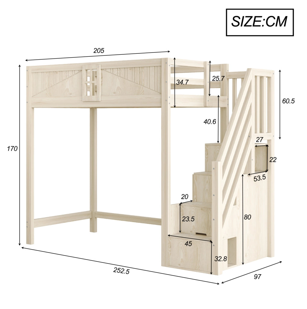 Letto a soppalco in legno massiccio 90 x 200 cm con scala di sicurezza reversibile e spazio multifunzionale