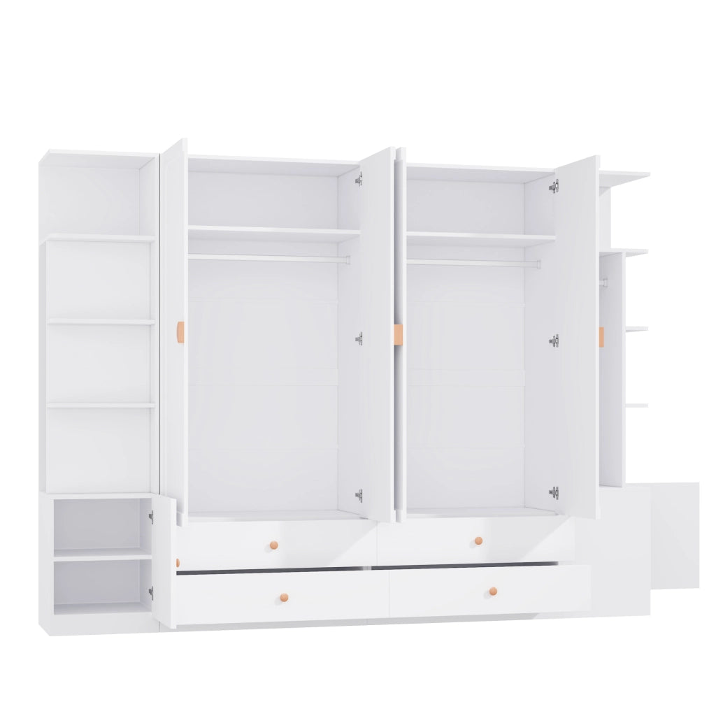 Armadio bianco a 6 ante con 4 cassetti e 4 aste appendiabiti