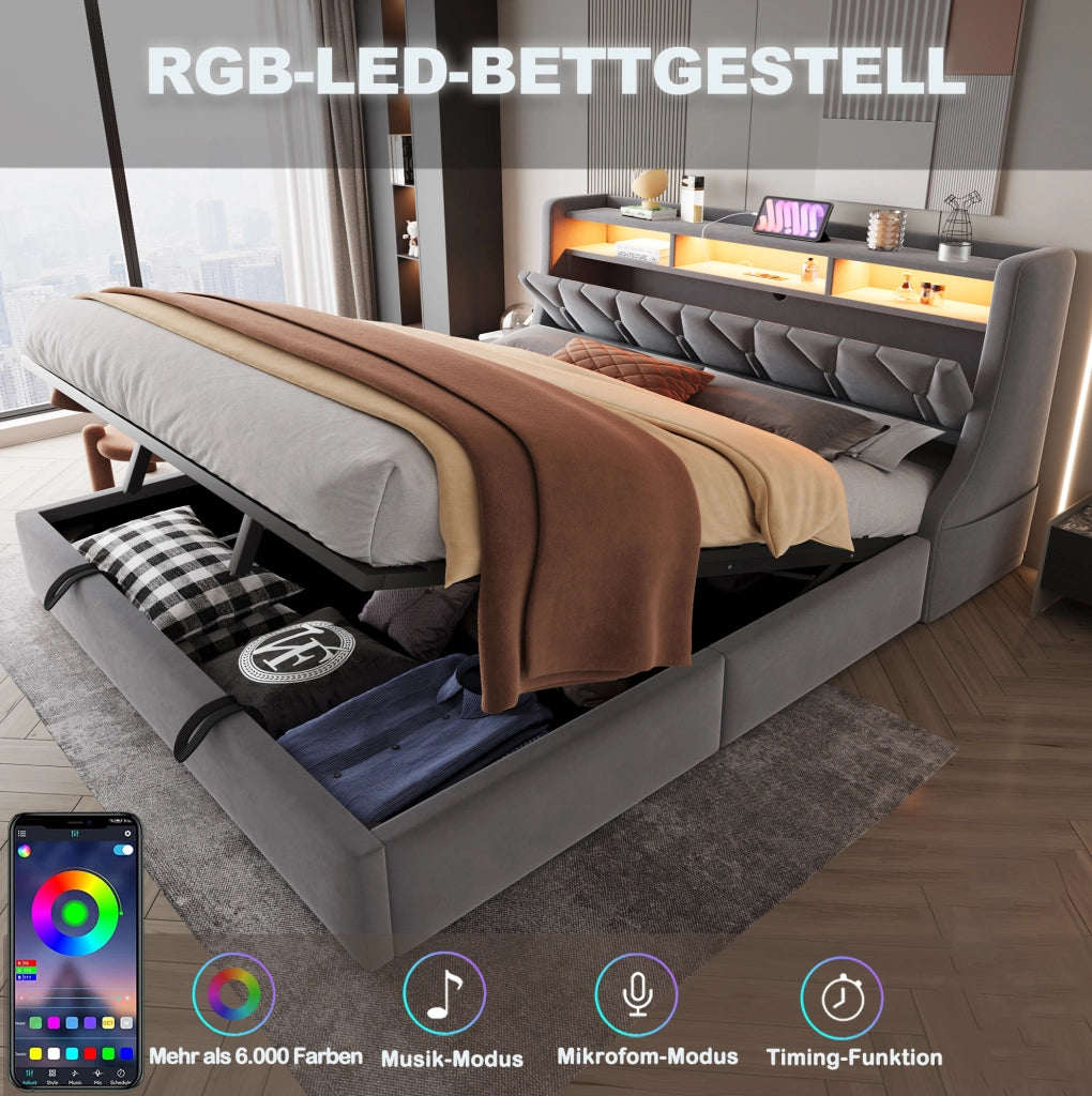 Letto matrimoniale 180x200 cm con contenitore idraulico; LED e prese USB-C; grigio