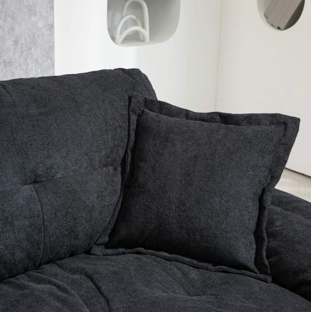 Divano 2 pezzi in ciniglia nera 213,4x90,1x87,6 cm, seduta profonda con cuscini