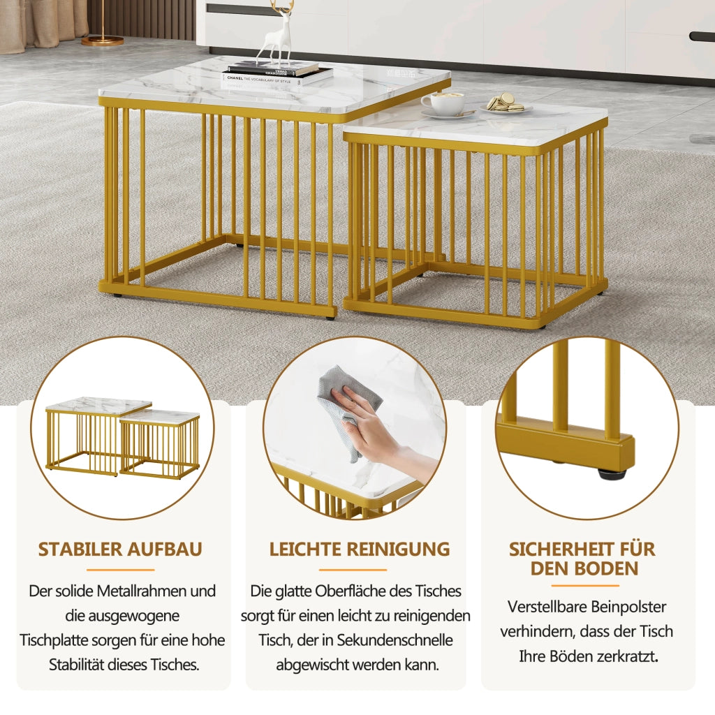 Tavolini da salotto quadrati set di 2 in MDF bianco effetto marmo lucido con gambe dorate regolabili e sovrapponibili