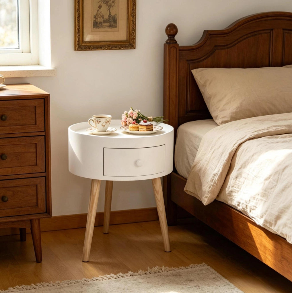Comodino rotondo con cassetto in legno chiaro e bianco