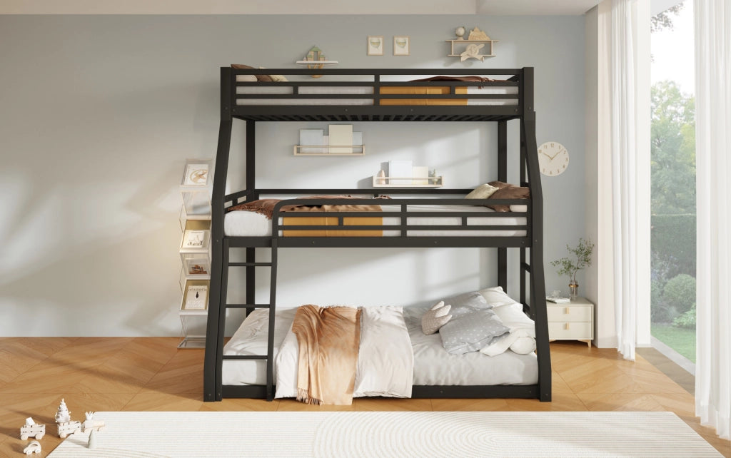 Letto a castello triplo in metallo nero 90 x 200 / 120 x 200 / 140 x 200 cm con scale regolabili per bambini, ragazzi e adulti, senza materasso