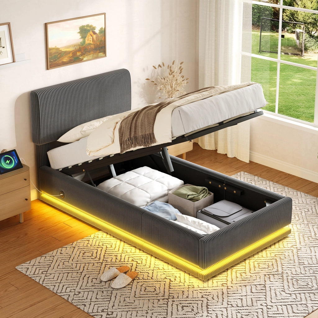 Letto singolo imbottito 90x200 cm grigio scuro con contenitore