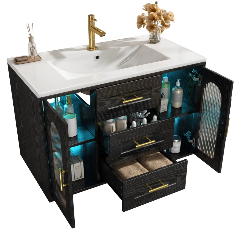 Mobile lavabo sospeso 76x46x55 cm in MDF nero con lavabo in ceramica e LED