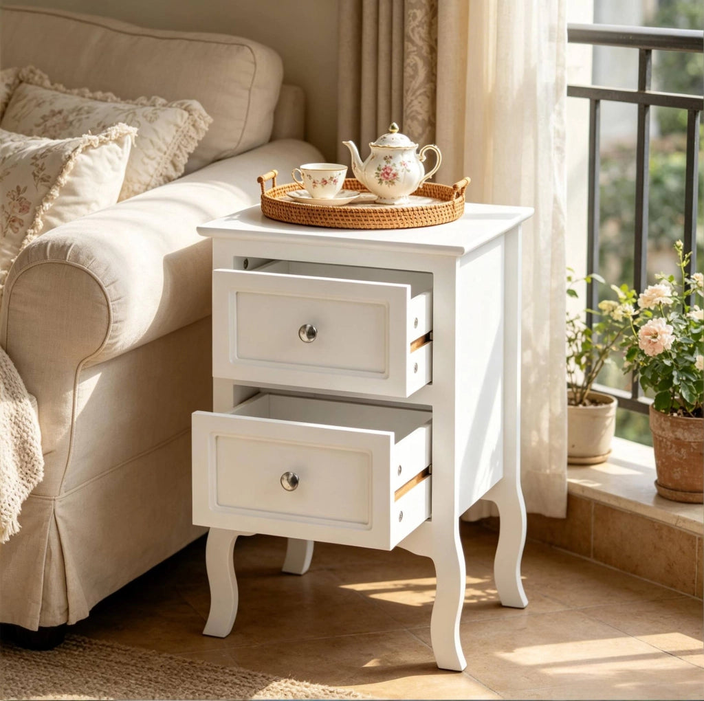 Comodino bianco in MDF con 2 cassetti e gambe curve