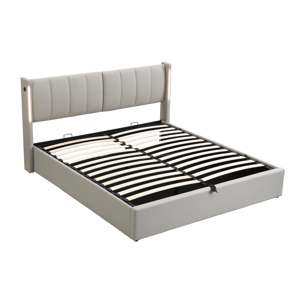 Letto imbottito 140 x 190 cm con contenitore sottoletto; LED e testiera regolabile; PU grigio