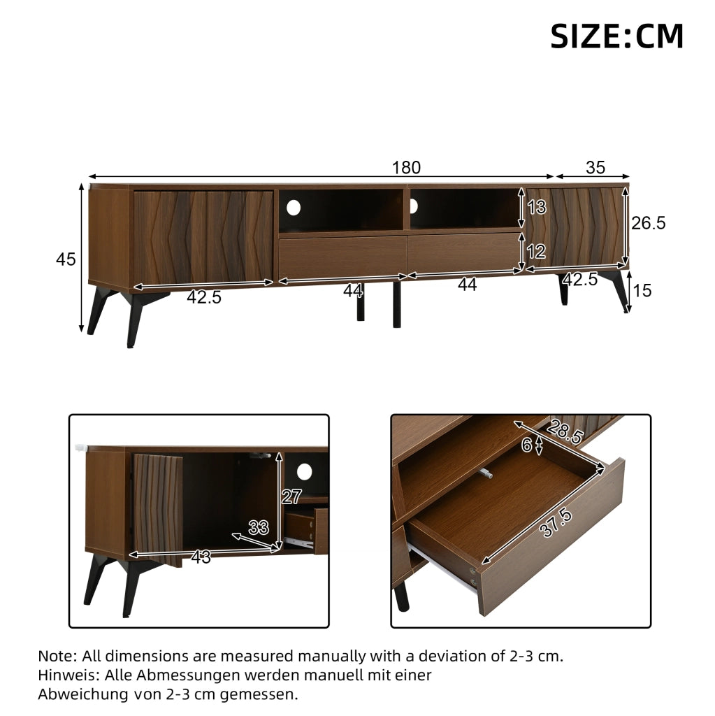Mobile TV in truciolato effetto noce 180x35x45 cm con 2 ante a battente, 2 cassetti e 2 vani a giorno per TV fino a 75 pollici