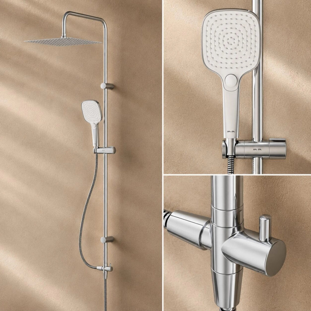 Doccia a pioggia senza rubinetteria, sistema doccia con doccino a mano, set completo con ripartitore d'acqua in ottone, soffione doccia 30 cm x 30 cm, asta doccia regolabile in altezza con doccia a pioggia, cromato