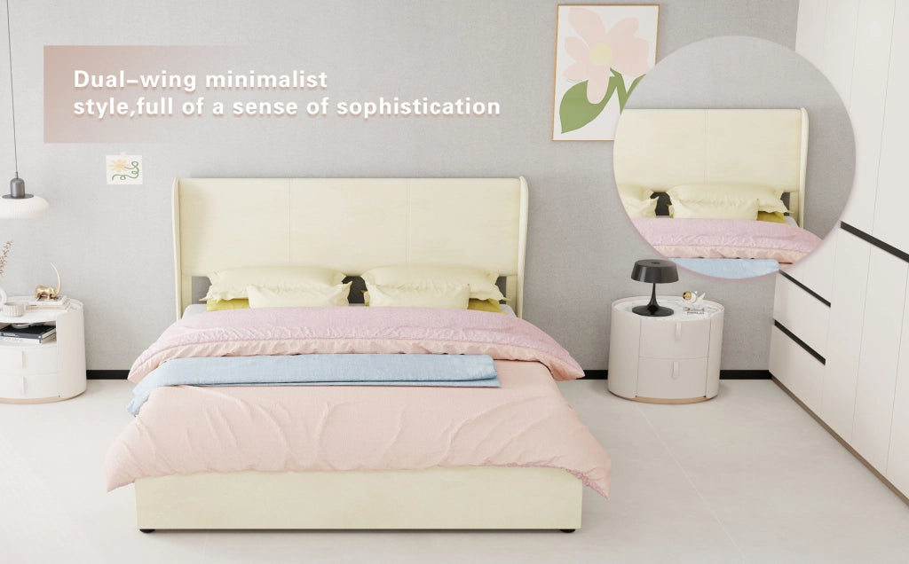 Letto Imbottito Moderno 160x200 cm Beige con Contenitore e Meccanismo a Gas, Testata Morbida e Design Minimalista