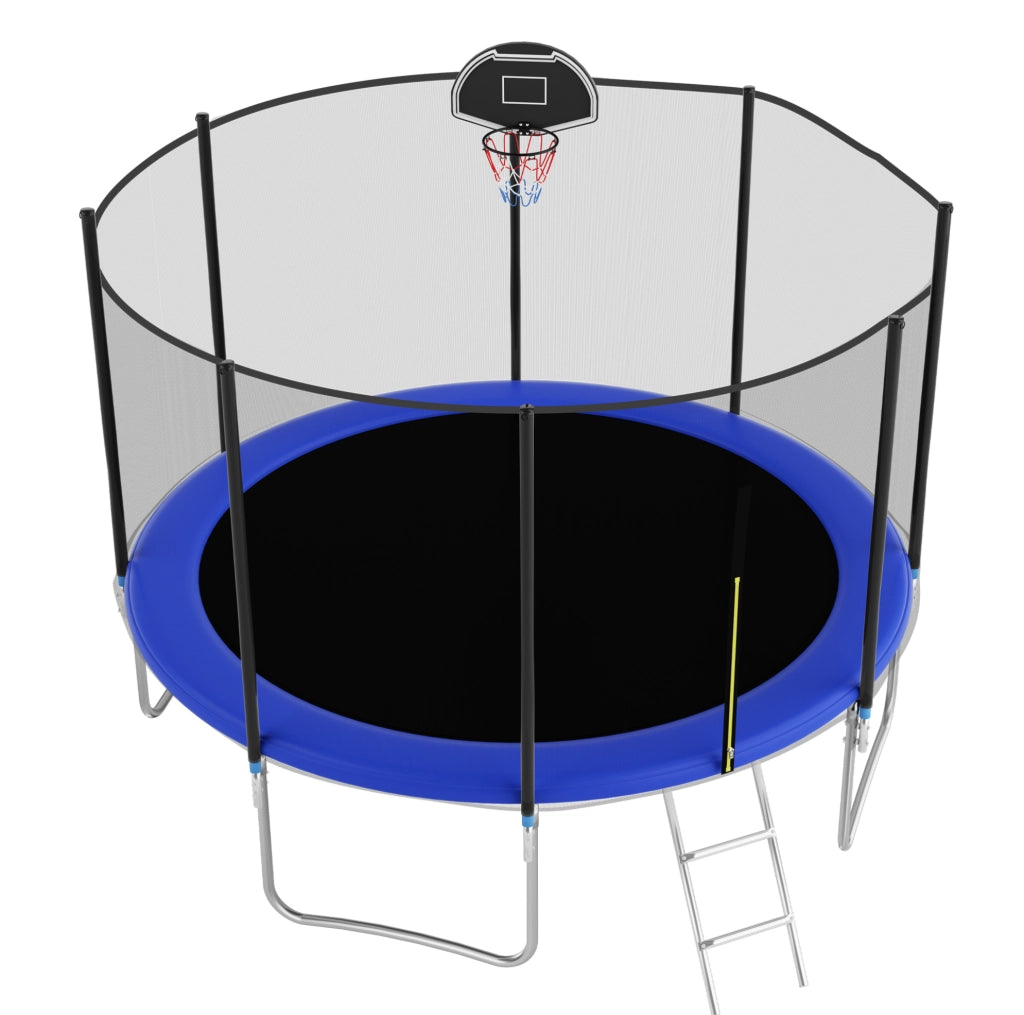Trampolino rotondo da esterno 366 cm blu con rete di sicurezza, canestro e scala