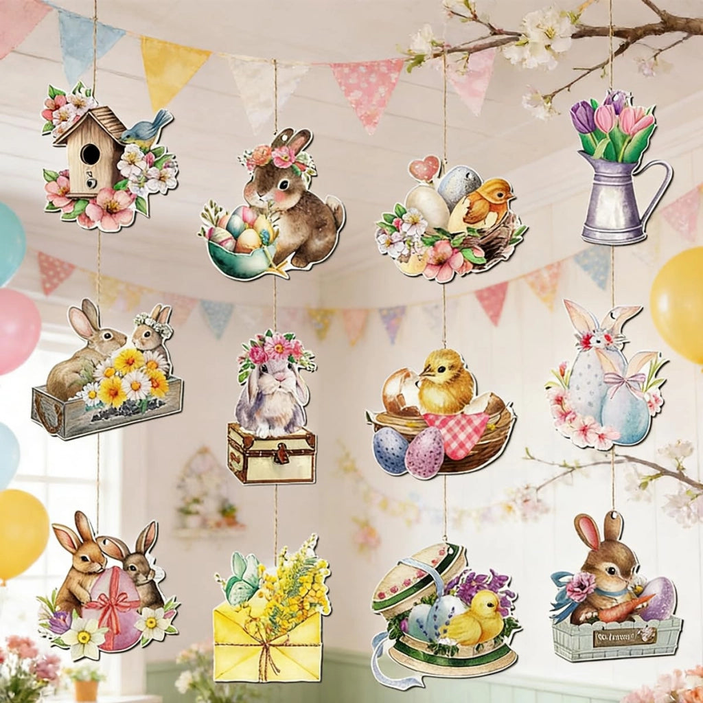 Set da decorazione pasquale in legno, composto da 24 pezzi, con uova, coniglietti e pulcini