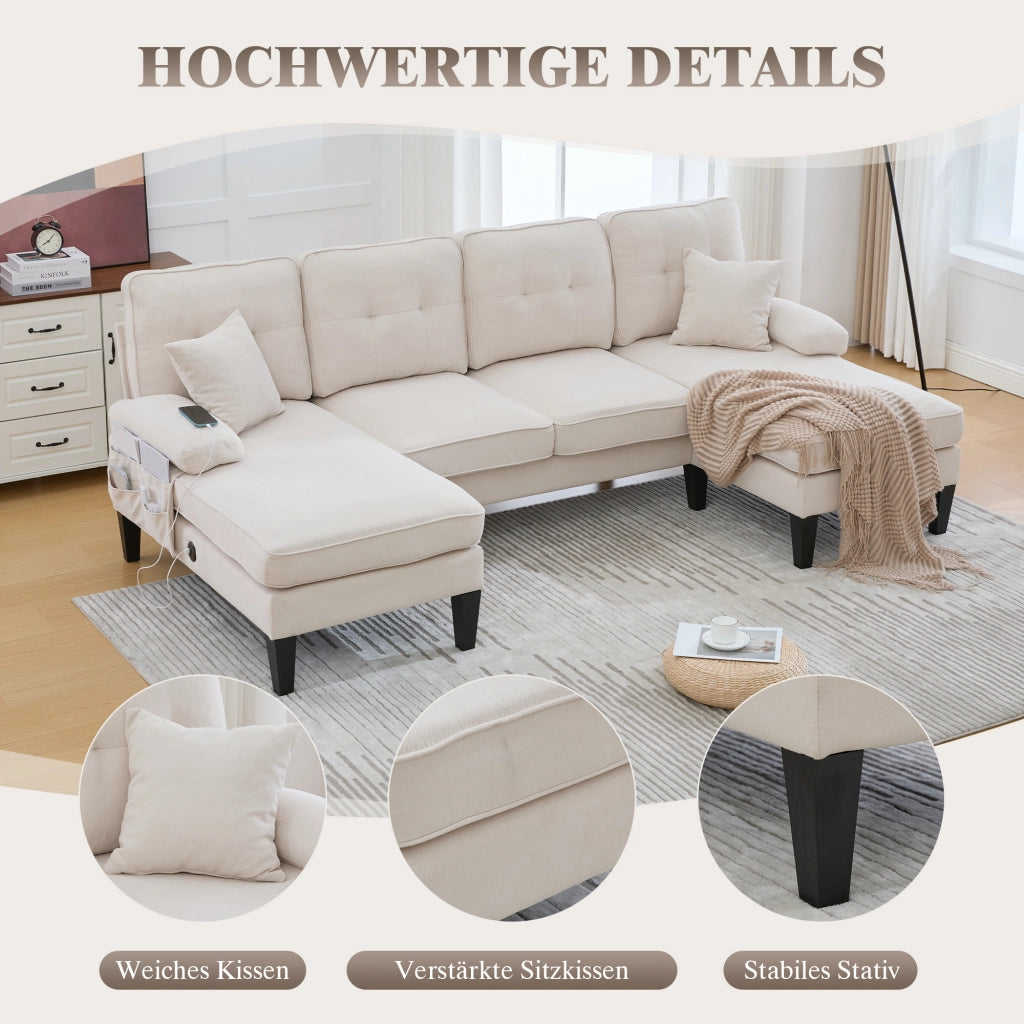 Divano 4 posti a U in lino beige con due chaise longue tasche laterali porte USB e Type C schienale curvo