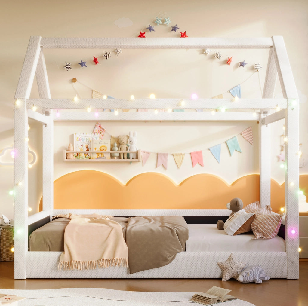 Letto a casetta imbottito con LED, 90x200 cm, beige
