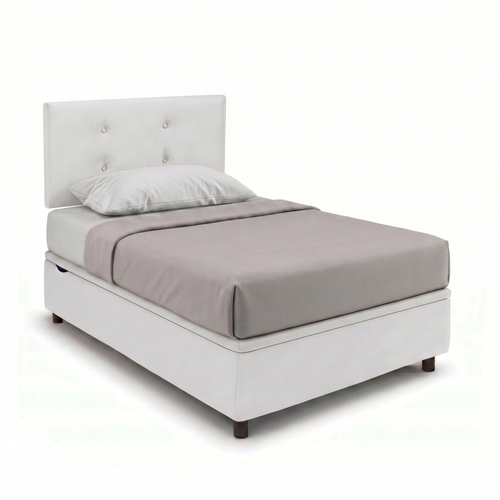 Letto Singolo Contenitore Imbottito 80x190 cm Similpelle Bianco BoxMax Testata Button