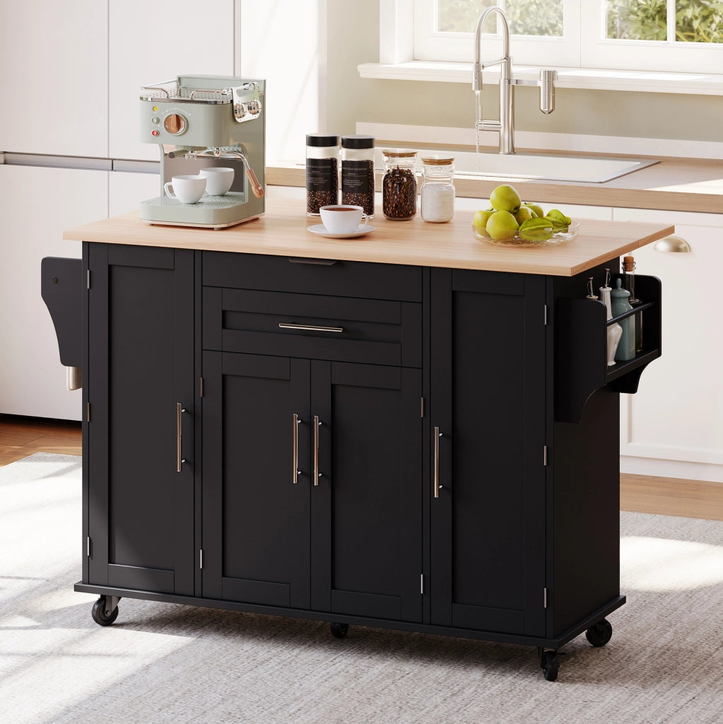 Isola cucina mobile 136×70×92 cm con piano allungabile, cassetto posate nascosto, ripiani regolabili, portasalviette e porta spezie