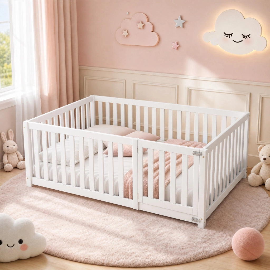 Letto per bambini a pavimento 140 × 200 cm con recinto e porta in legno bianco senza rete a doghe