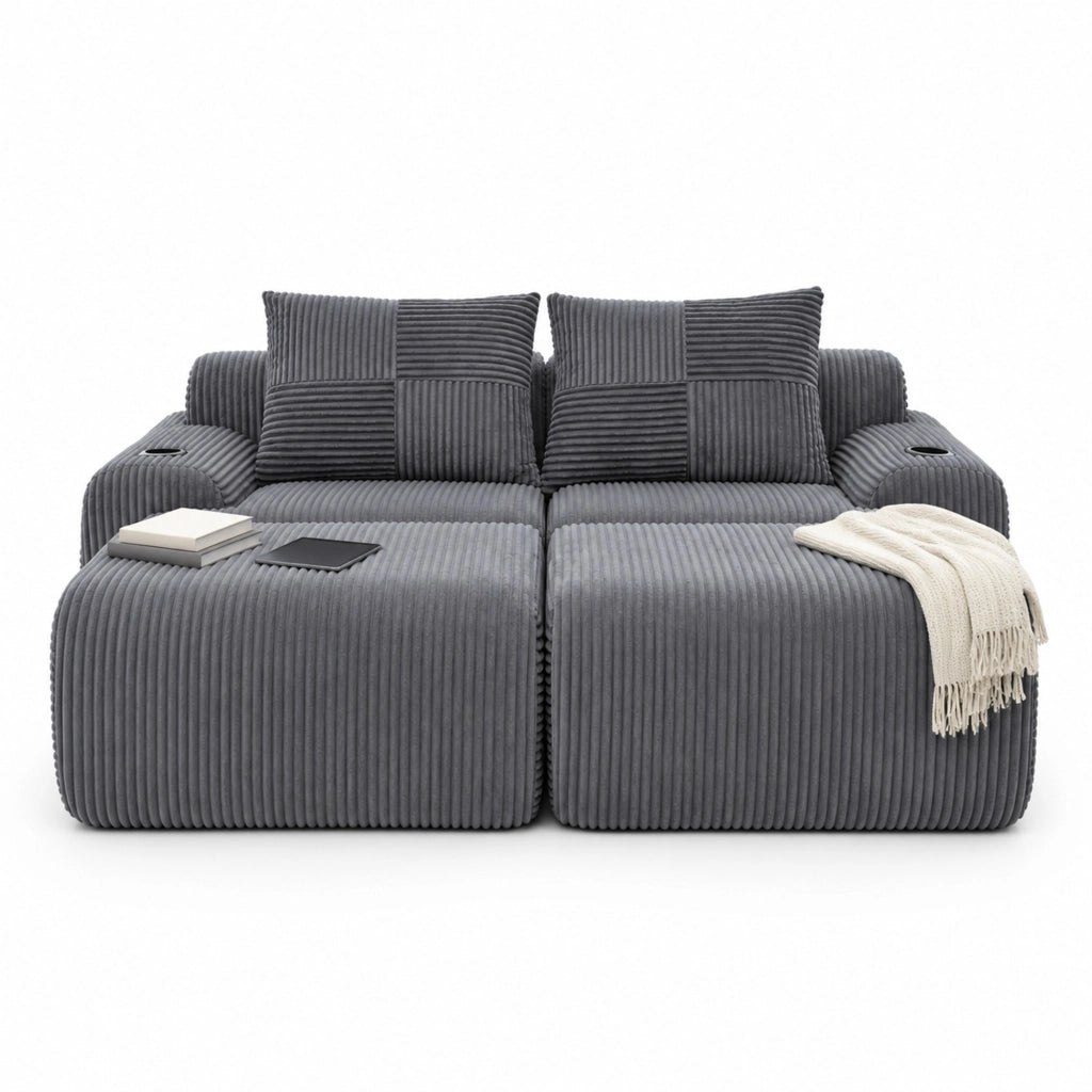 Divano modulare 2 posti IVMEU 200x174x80 cm in velluto a coste grigio scuro, con portabicchieri e tasca laterale