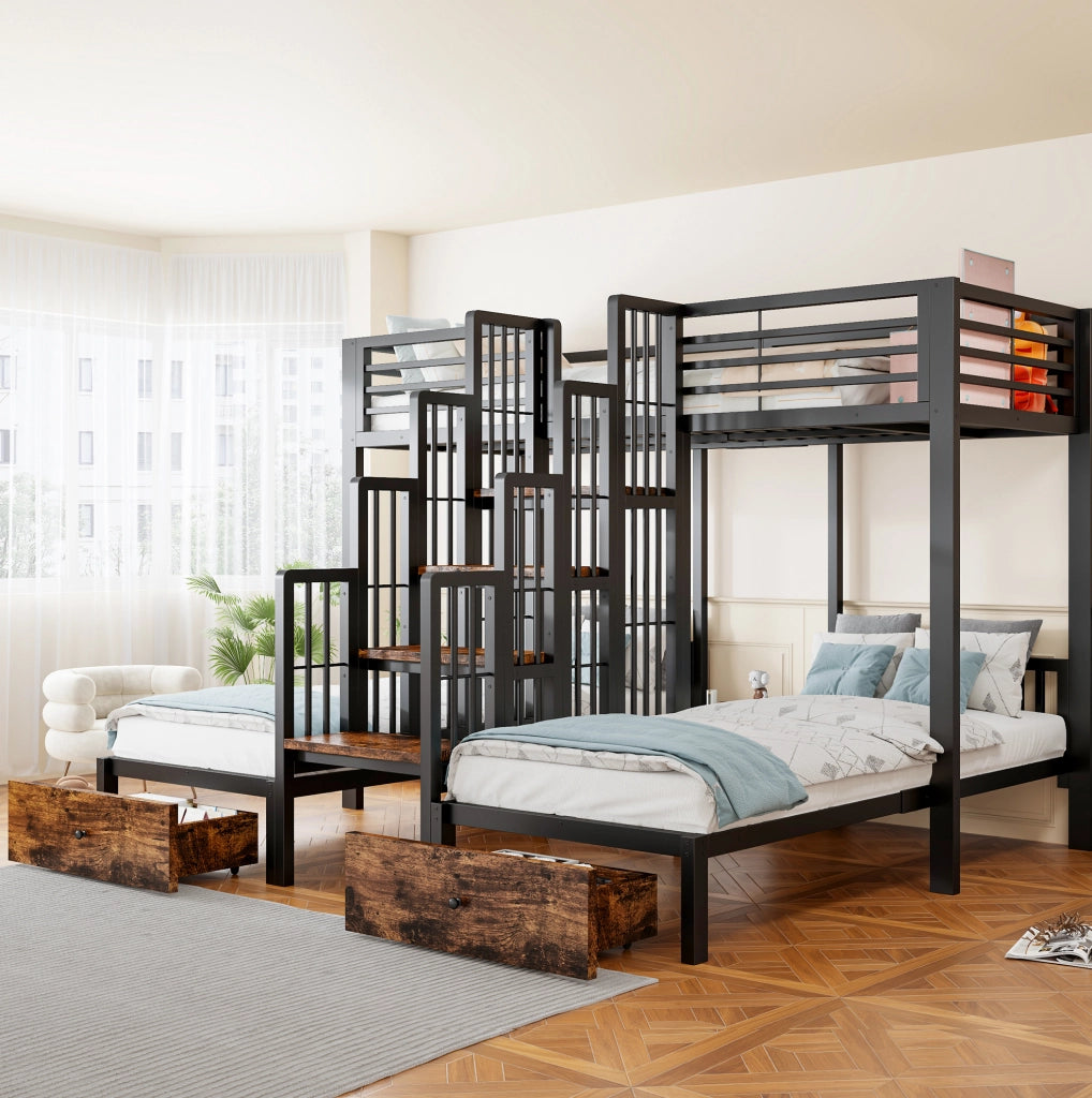 Letto a castello triplo 90 x 200 cm in metallo e legno nero con scala e 2 cassetti