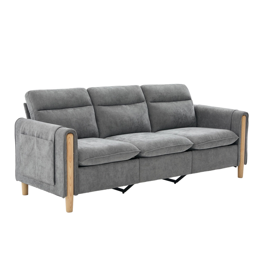 Divano 3 posti a L in ciniglia grigio chiaro con pouf contenitore