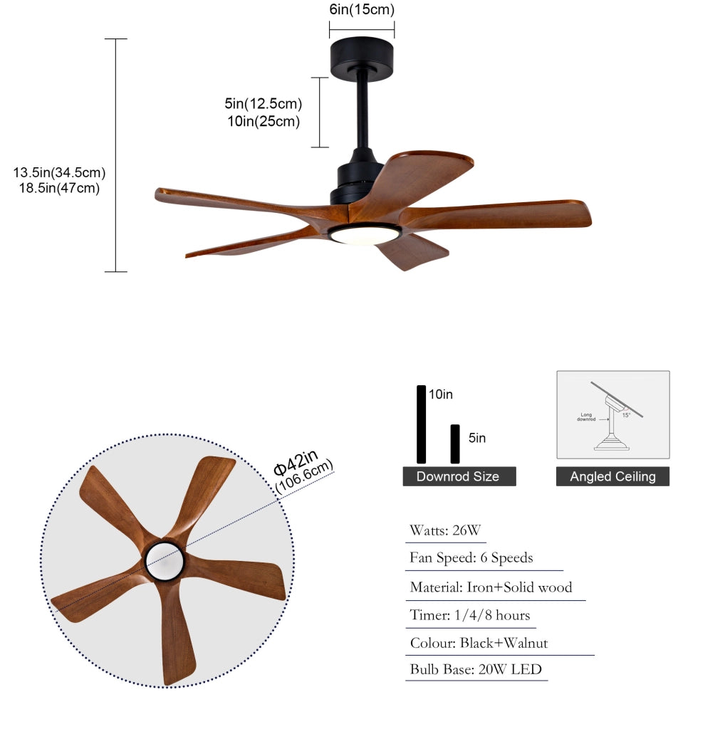 Ventilatore da soffitto da 106,6 cm con luce e telecomando, nero/noce, per soggiorno