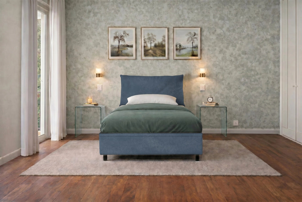 Letto Singolo Contenitore Imbottito 80x200 cm Microfibra Blu BoxMax Testata Soft