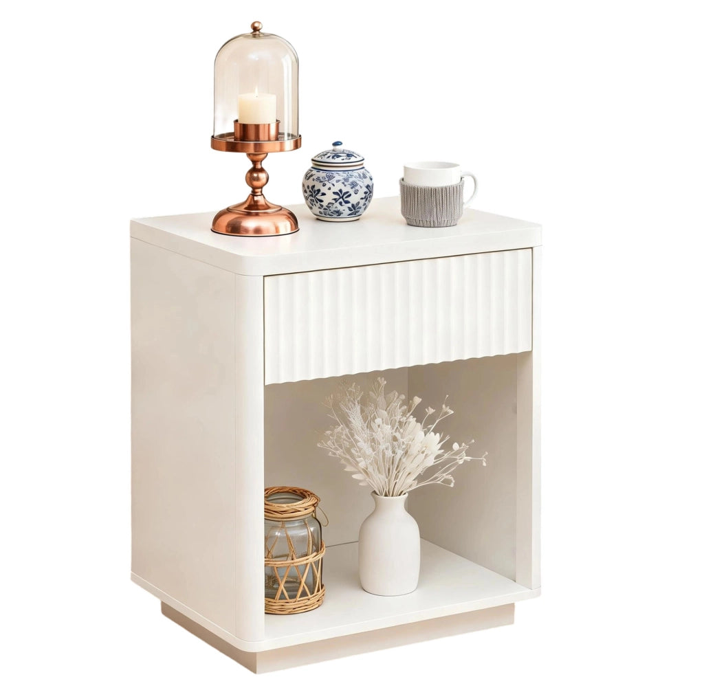 Comodino con Cassetto e Ripiano Aperto in Legno, Design Moderno con Pannello a Increspatura, 63,5x38x46,5 cm