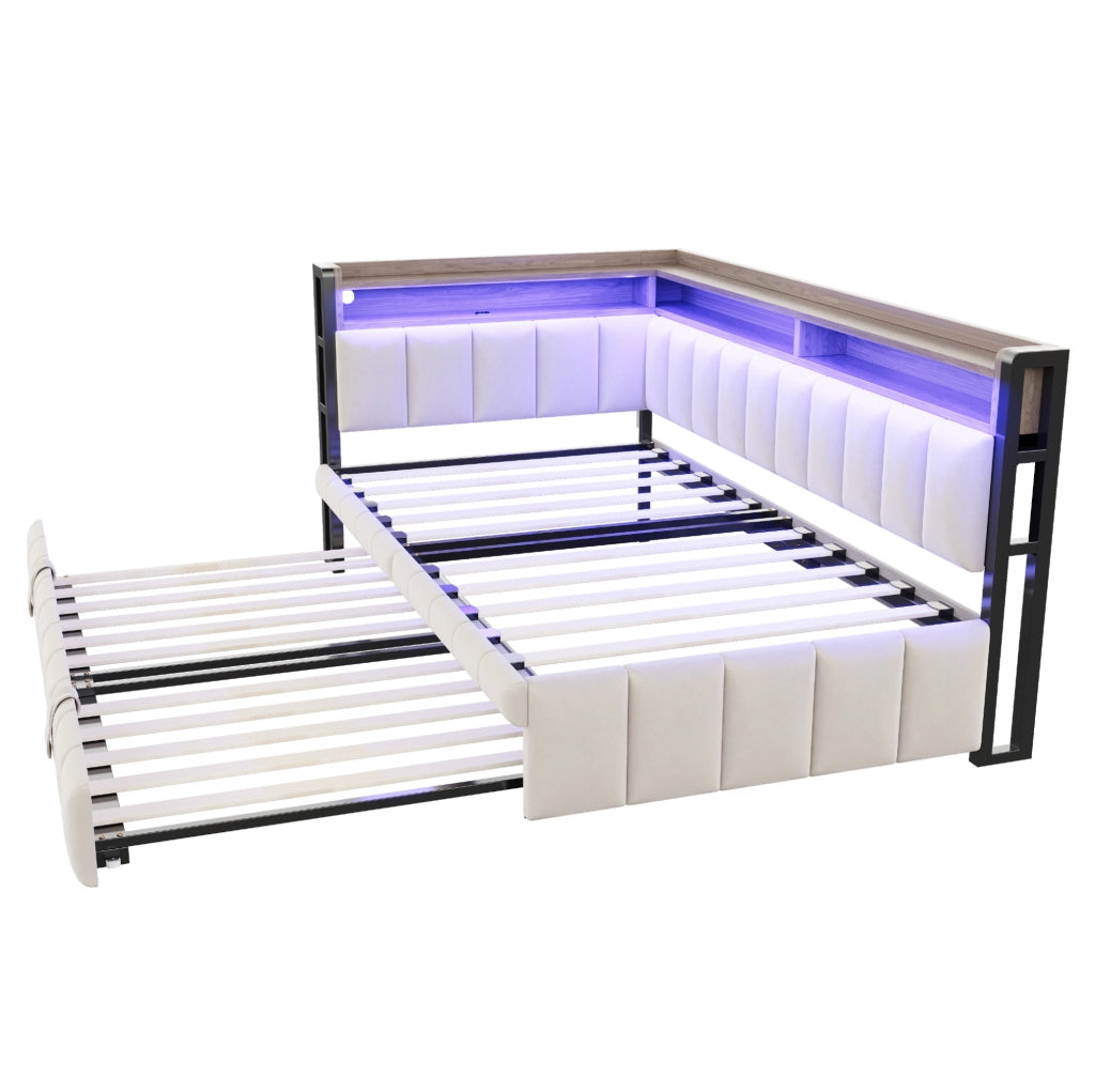 Divano letto estraibile 90 x 200 cm in velluto beige con LED e prese USB e tipo C