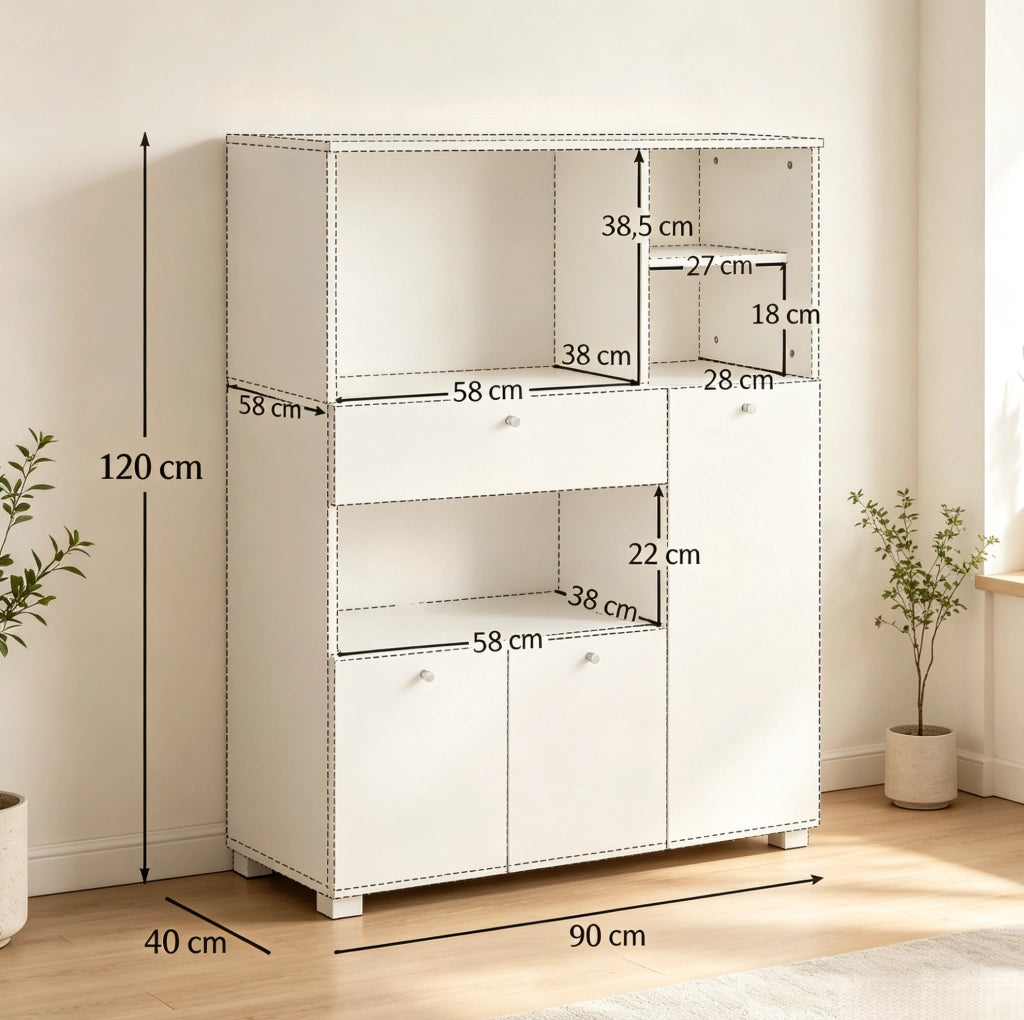 Mobile da cucina bianco con cassetto, ante e vani aperti